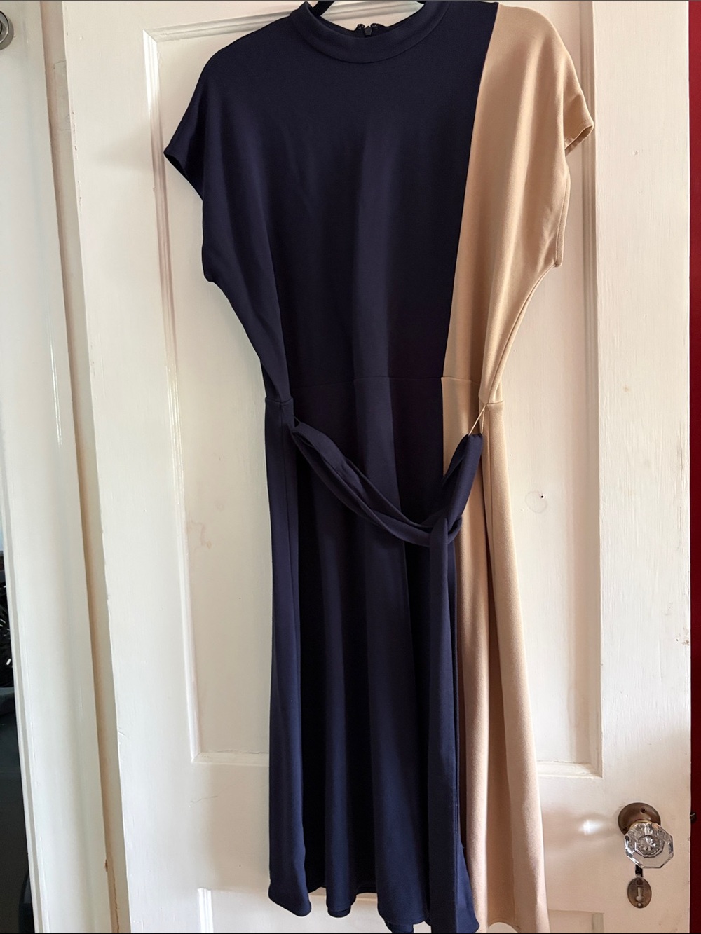 Ann Taylor Navy and Beige Colorblock Midi Dress with Waist Tie